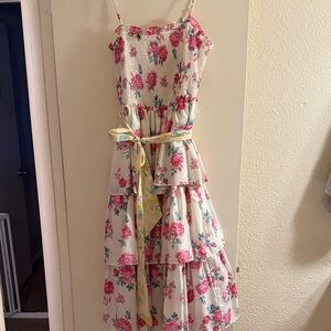 LoveShackFancy White Floral Tiered Maxi Dress with Pink Roses
